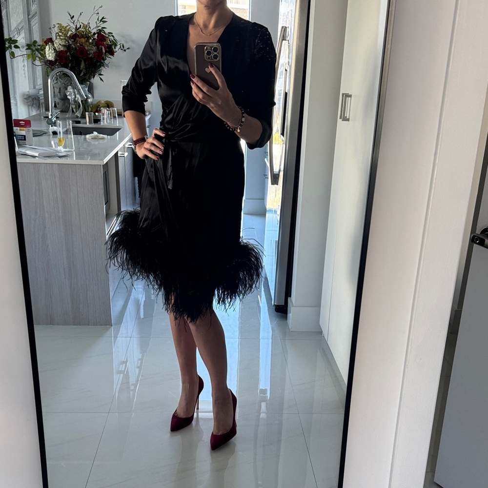 Chic Black Silk Feathered Long Sleeve Dress